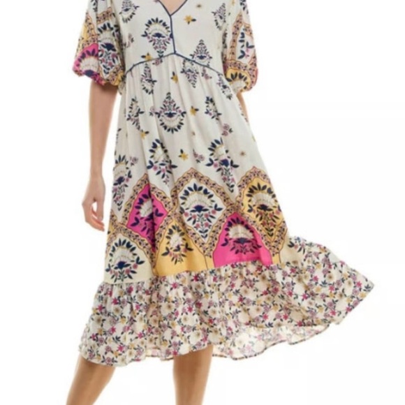 Fig & Flower Pippa Ivory Floral Puff Sleeve Belt Midi Dress sz S - Picture 1 of 10